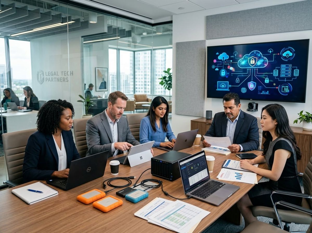 Staff members checking backup systems and encrypted data storage devices in an office