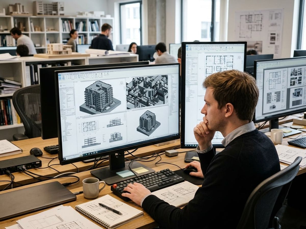 Team member waits as multiple heavy sheet views slowly render on a design workstation