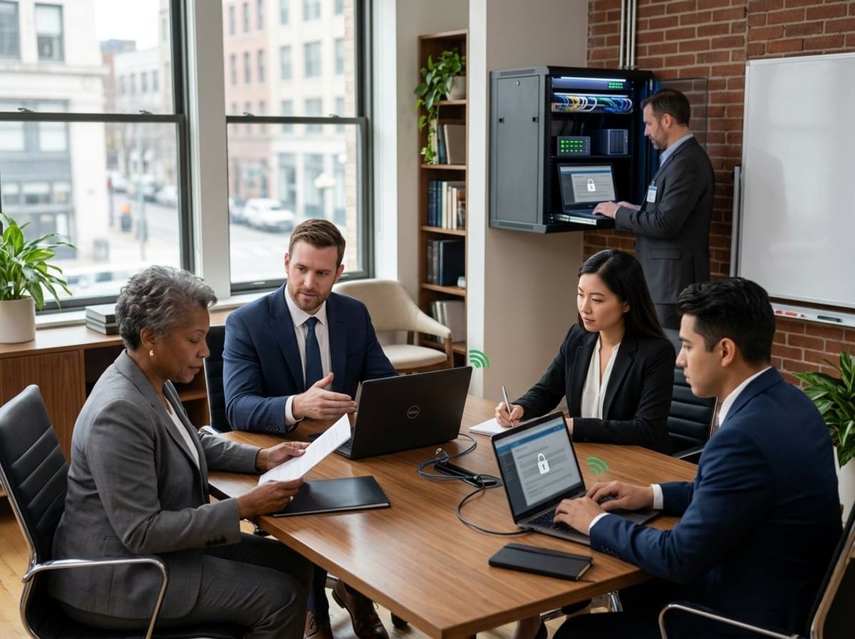 Attorneys and an IT specialist discuss network setup around laptops in a small firm office
