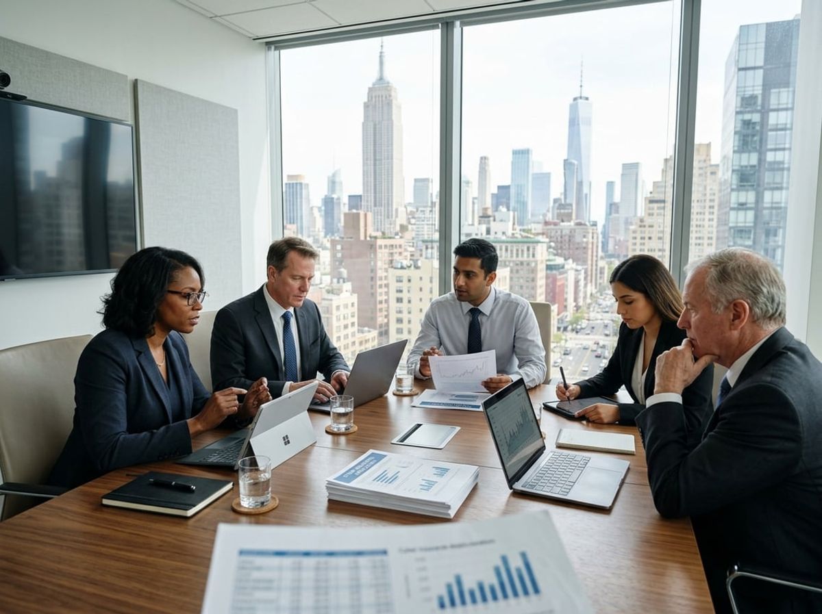Law firm staff completing an insurance application with the New York City skyline in view