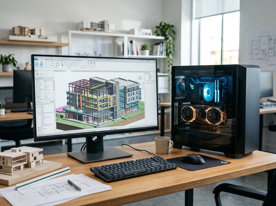 Engineer reviewing a linked structural model on a workstation, illustrating the Revit CPU or GPU tradeoff