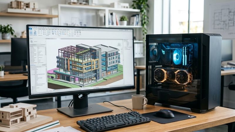 Engineer reviewing a linked structural model on a workstation, illustrating the Revit CPU or GPU tradeoff