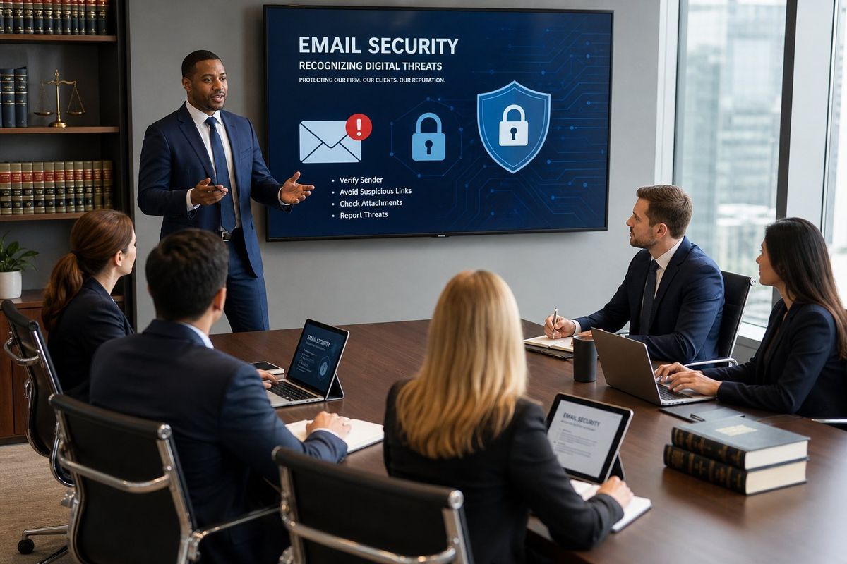 A group of attorneys and staff in a conference room attending a training session on email security, with an instructor presenting cybersecurity visuals on a screen.