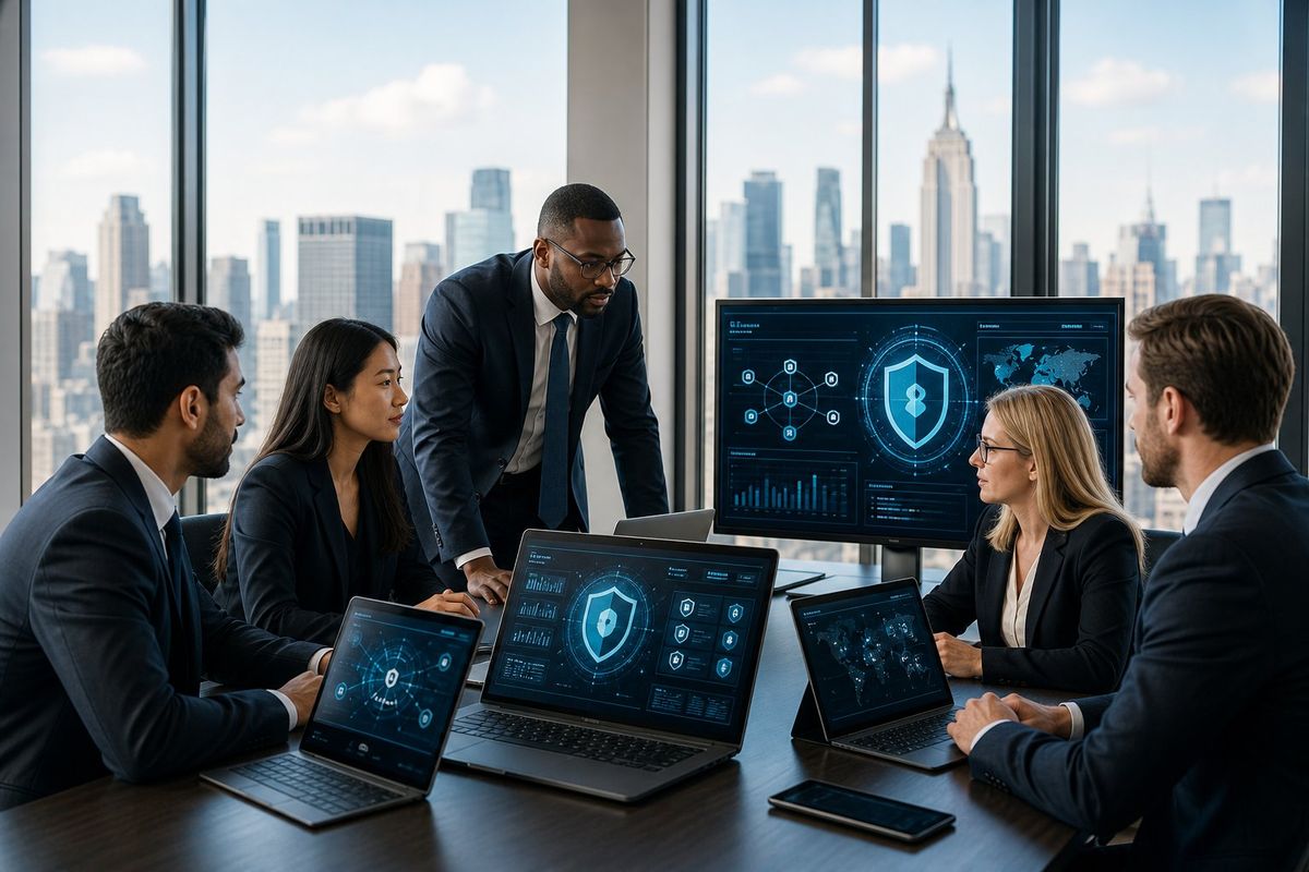 A group of professionals in a law firm office working with laptops and cybersecurity software, with a city skyline visible through large windows.