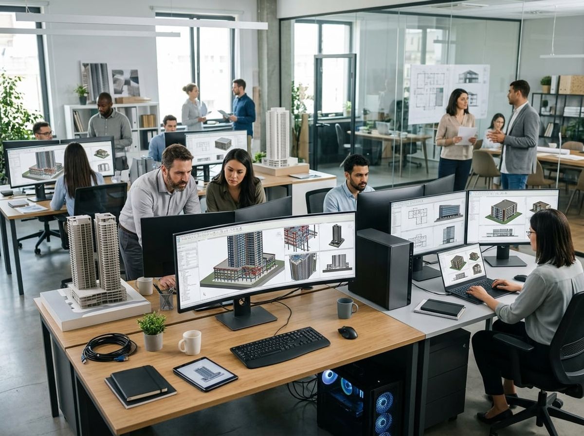 Team of architects collaborating across multiple computer workstations displaying building models