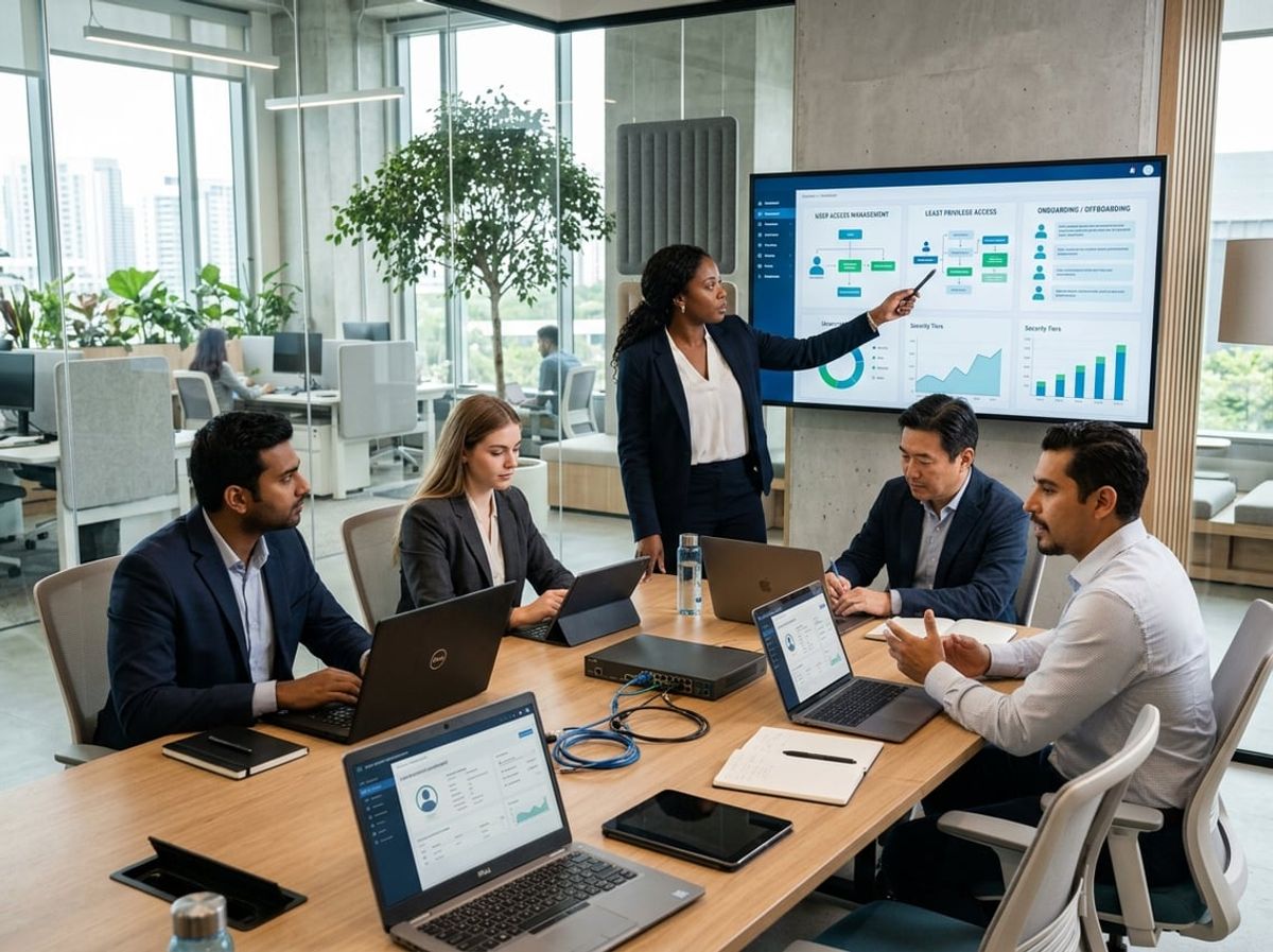 Legal professionals and IT staff reviewing compliance requirements at a NYC office table