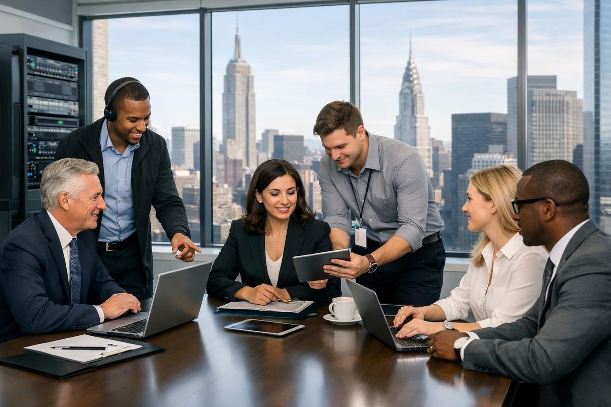 A group of professionals working together in a law firm office with laptops and digital devices, city skyline visible through large windows.