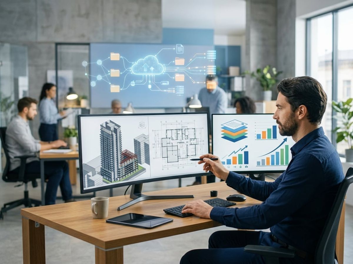 Layered building model files on screen next to a rising storage capacity graphic