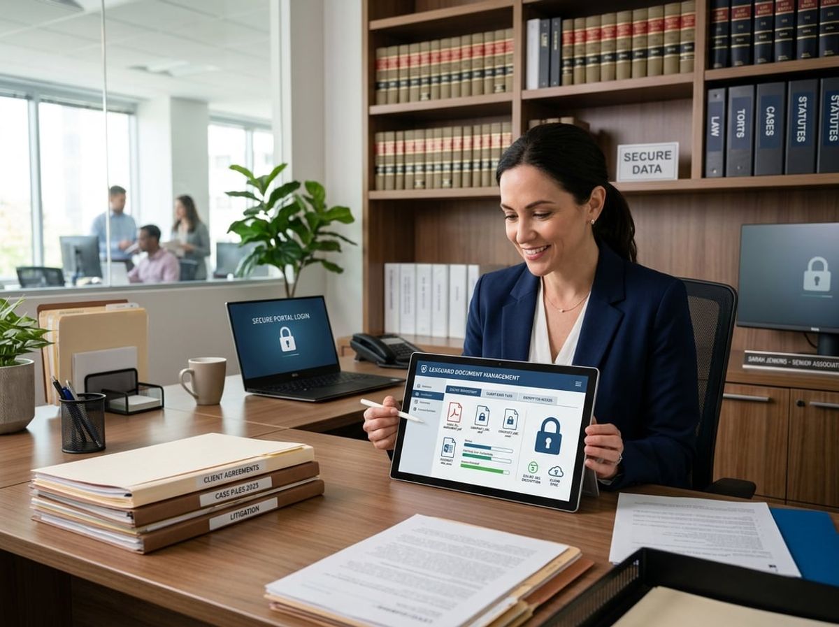 A lawyer in an office using a tablet and laptop surrounded by legal documents and books, highlighting secure document management.