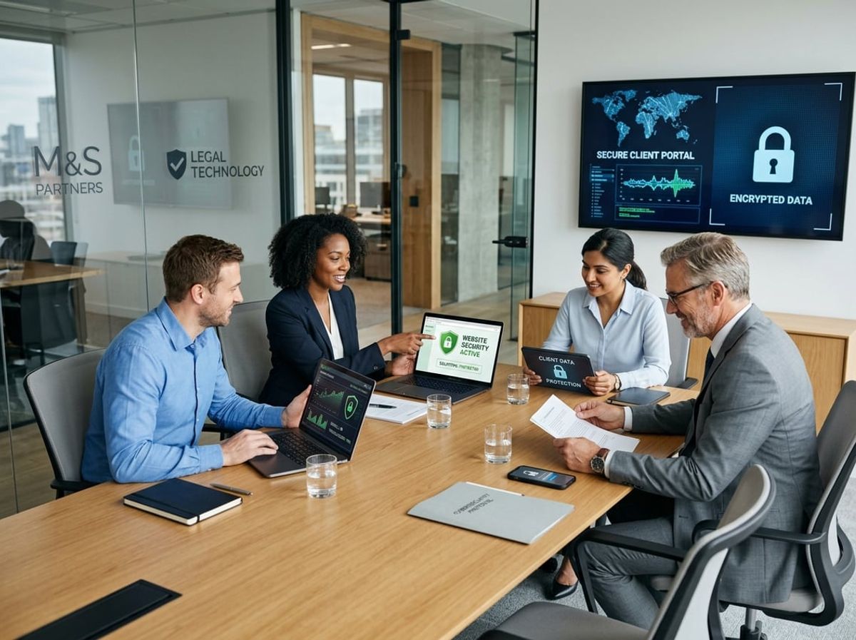 Law firm staff gathered around a table discussing common website security questions
