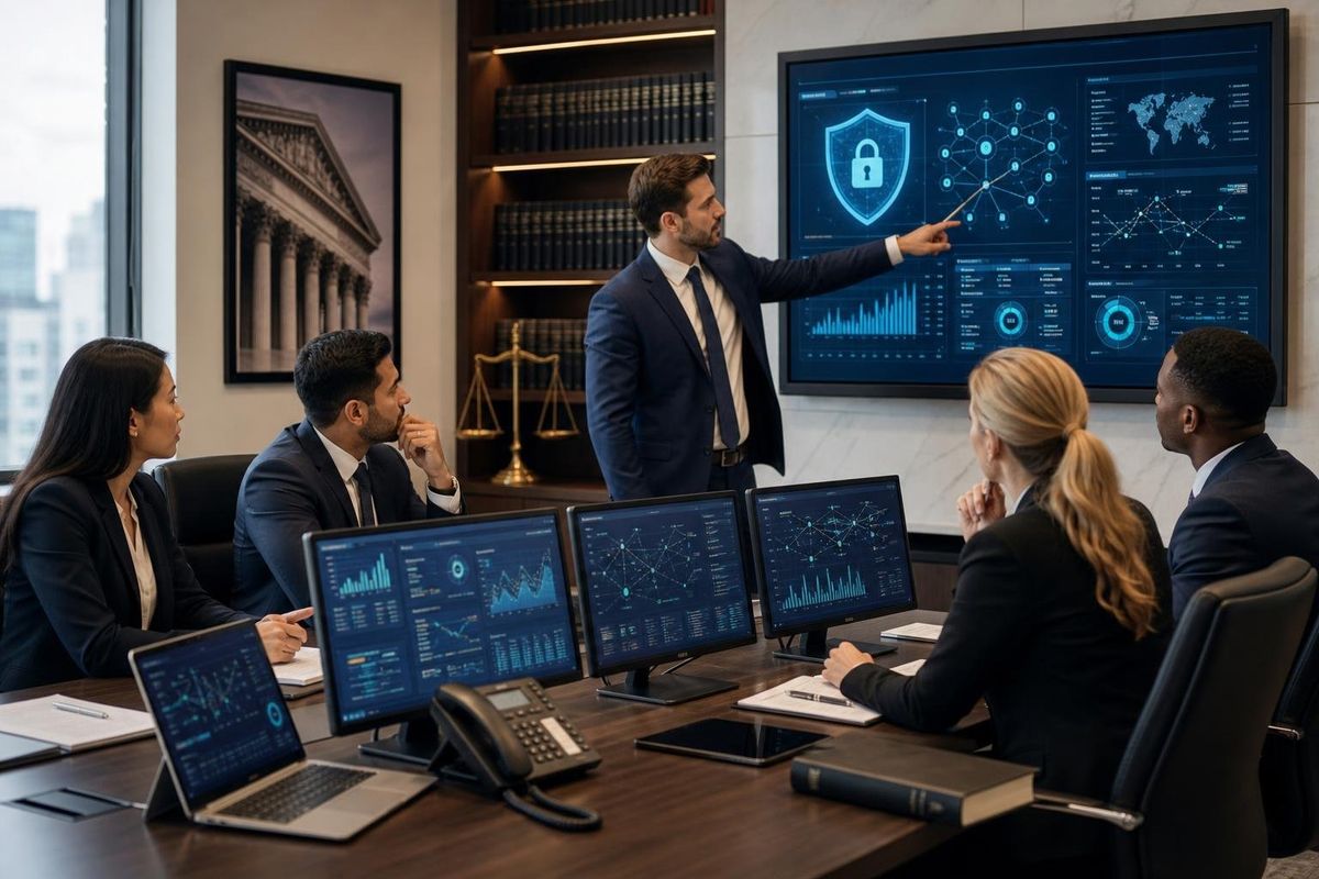Business professionals in a modern office reviewing cybersecurity data on multiple screens with law-related decor in the background.