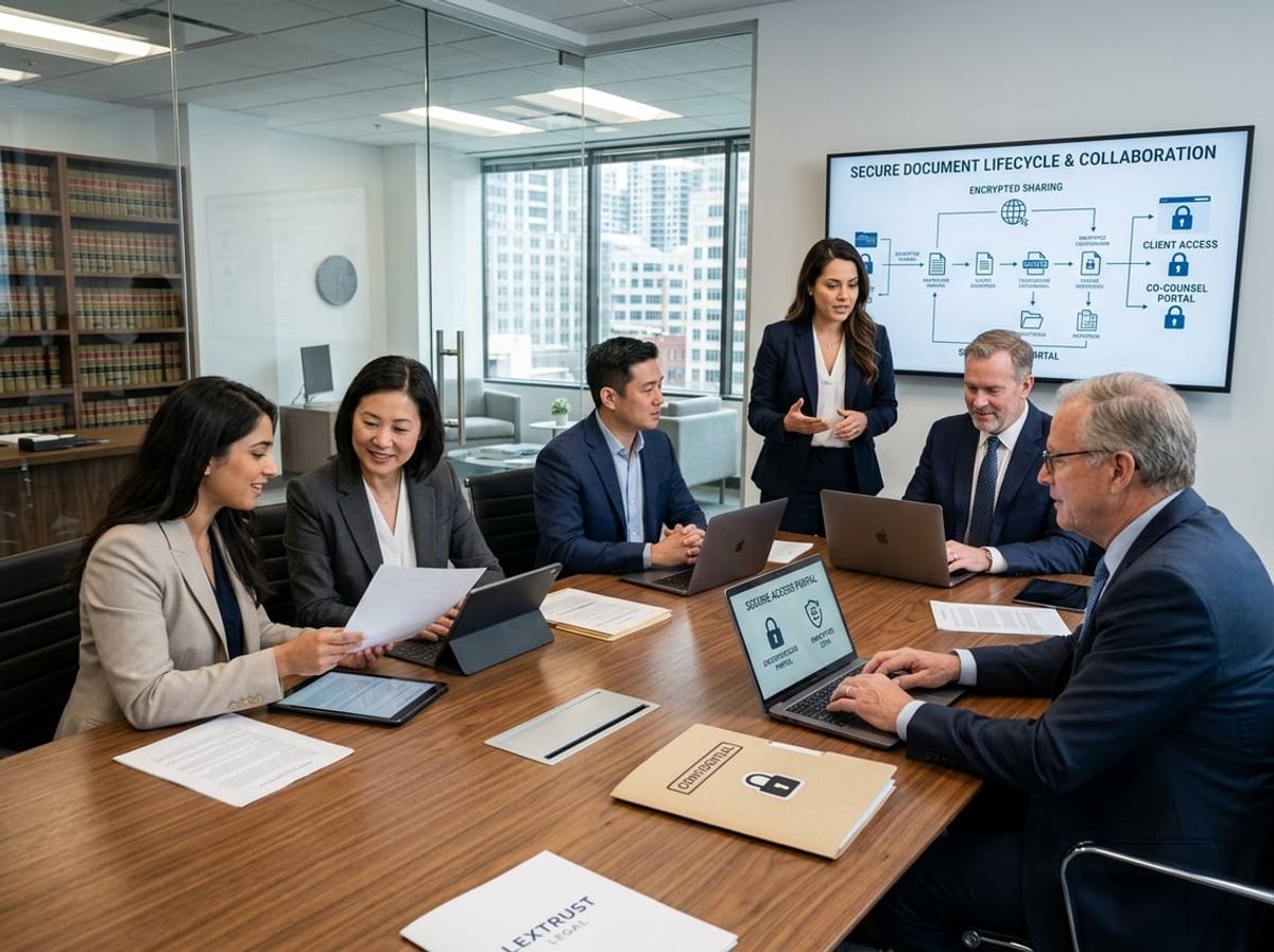 A group of lawyers and clients collaborating around a conference table with laptops and documents in a modern office.