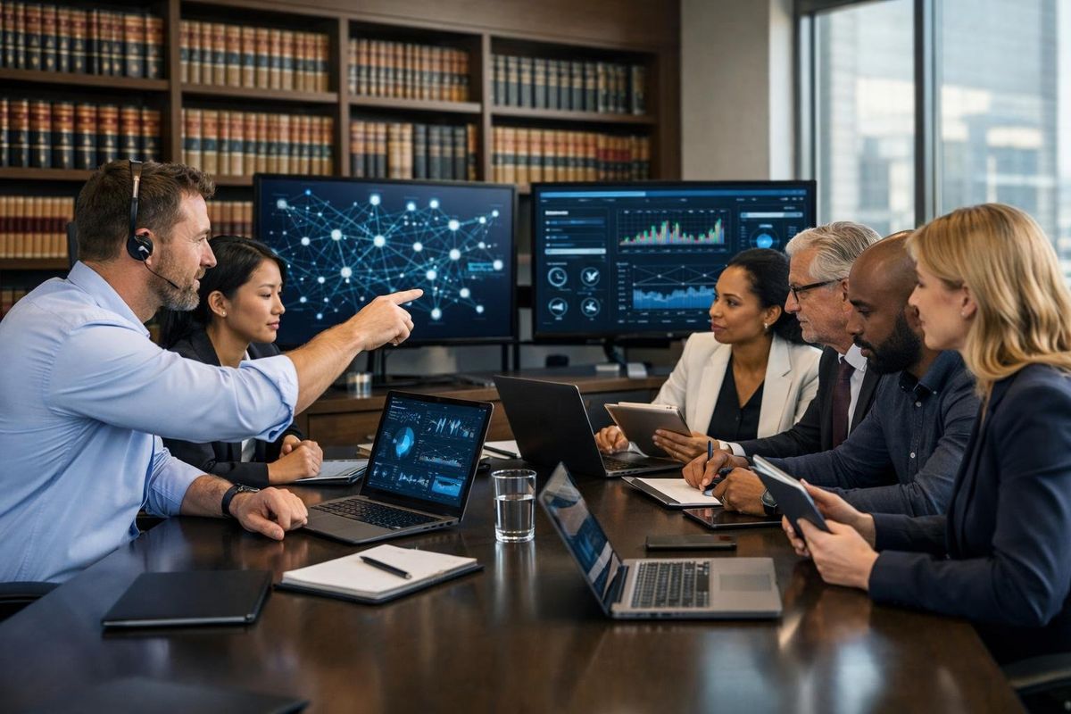 A group of IT and legal professionals collaborating around a conference table with laptops and monitors in a law firm office.