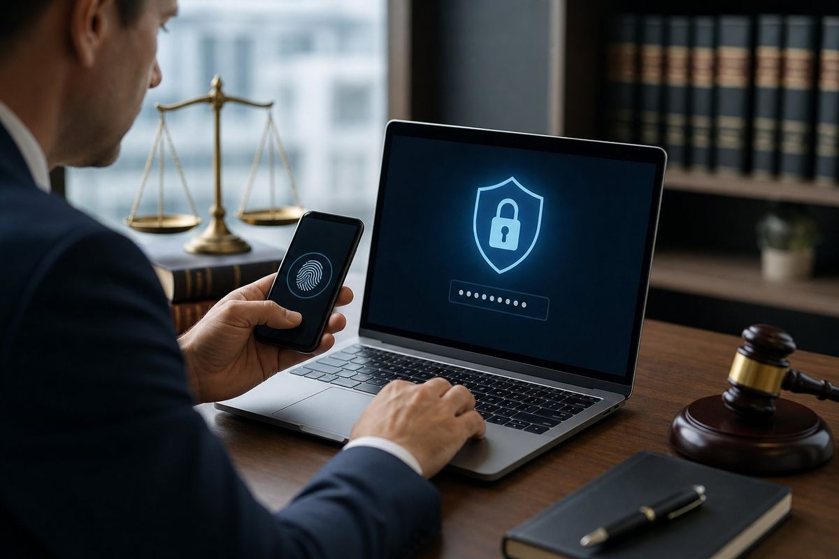 A lawyer in an office using a laptop and smartphone for secure login, with law books and legal symbols in the background.