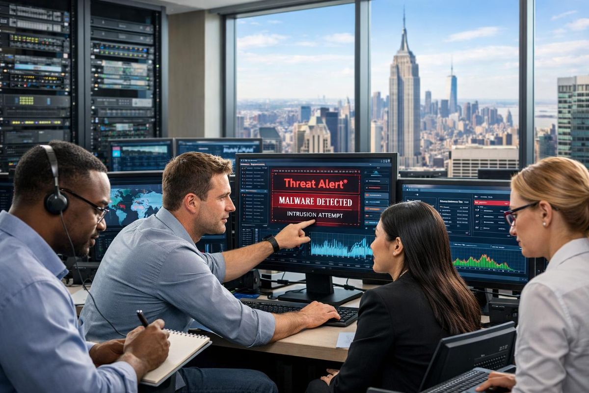 IT professionals monitoring cybersecurity data on multiple screens in a modern office with a view of New York City.