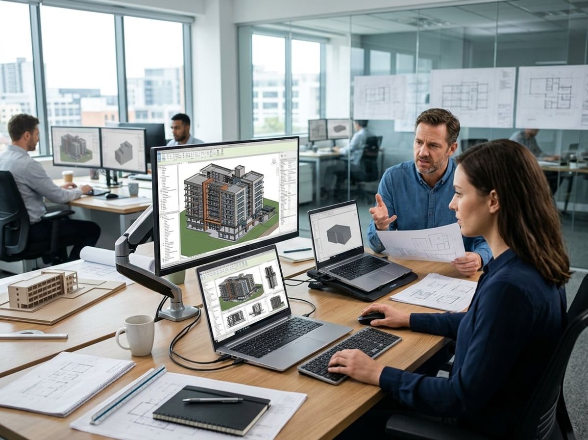 Colleagues examining laptop specs while a detailed building model appears on screen
