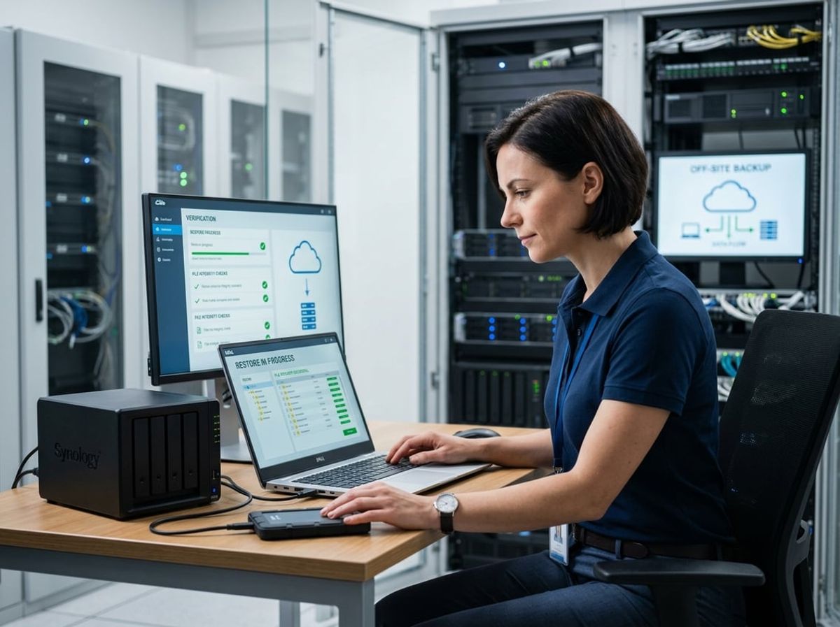 Laptop paired with backup storage devices on a desk used for ongoing project work