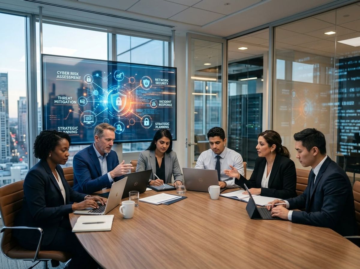 Law firm leaders mapping a long-term security strategy on a digital display
