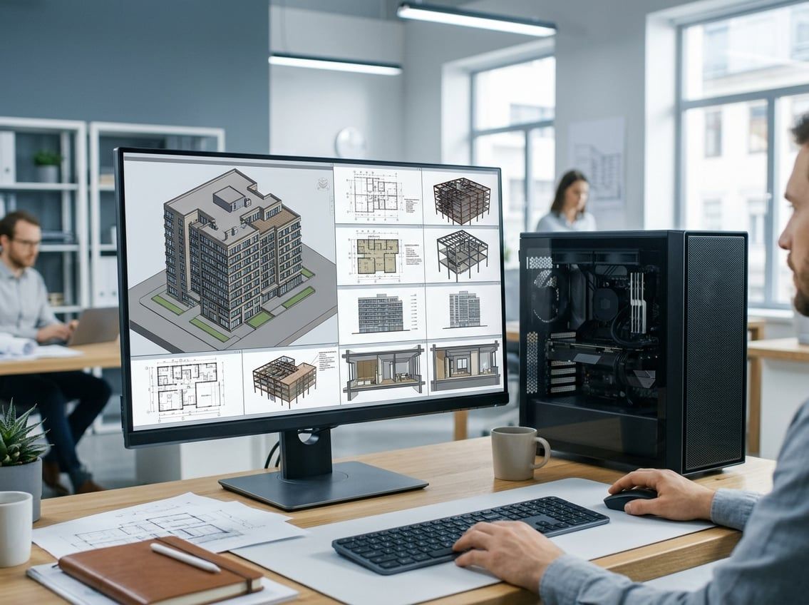 BIM manager reviewing a federated coordination model at a dual monitor station, meeting Revit hardware requirements for large projects