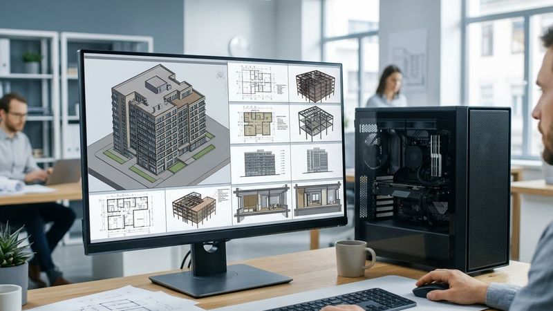 BIM manager reviewing a federated coordination model at a dual monitor station, meeting Revit hardware requirements for large projects