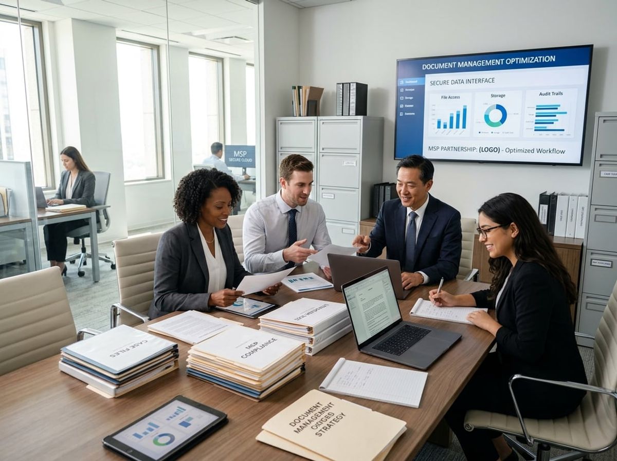 A group of legal professionals collaborating around a conference table with laptops and documents in a modern law office.