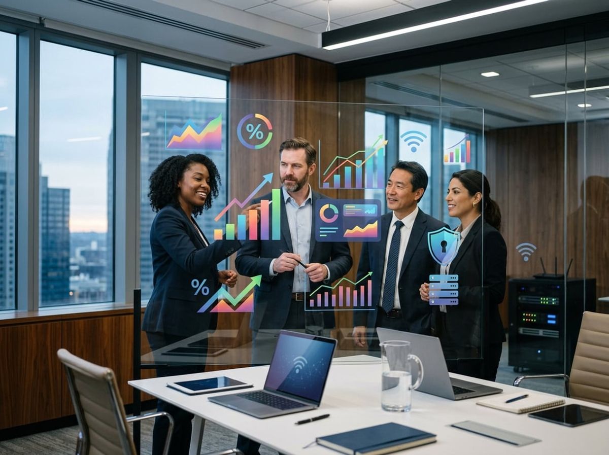 Legal team analyzes return on investment charts for technology spending