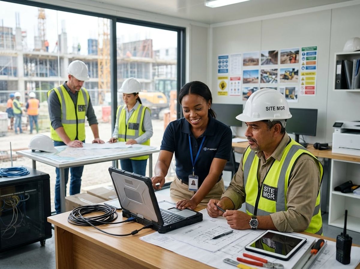 Technician answers questions for site staff gathered around a desk with computer equipment