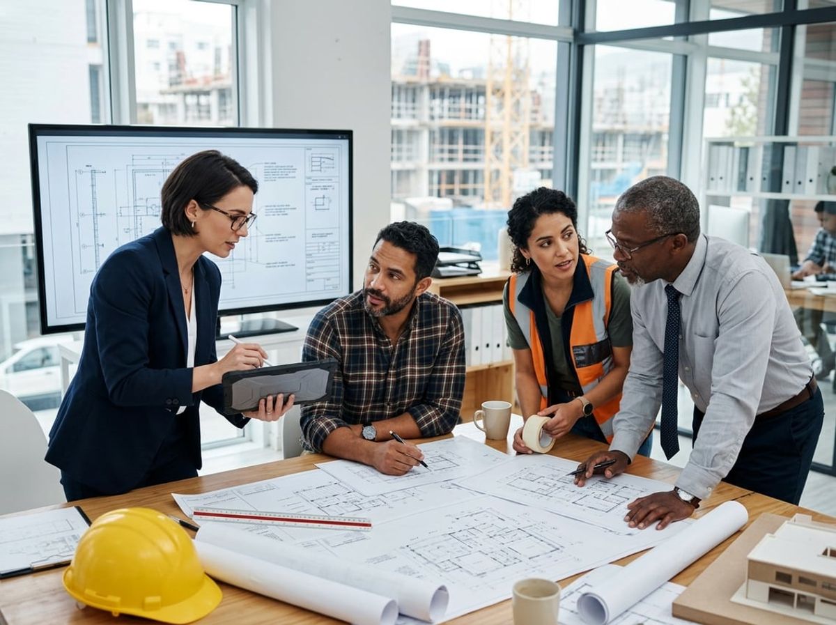 Architects, engineers and contractors gathered around plans during a live coordination review