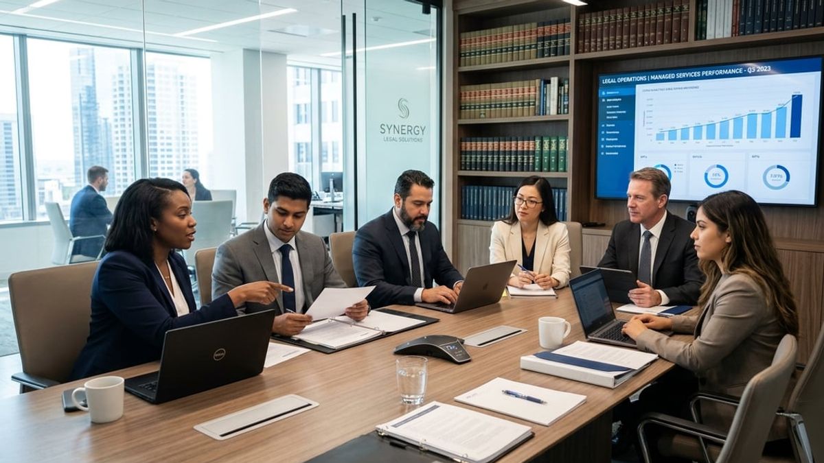 Law firm partners reviewing legal managed service provider controls in a NYC office