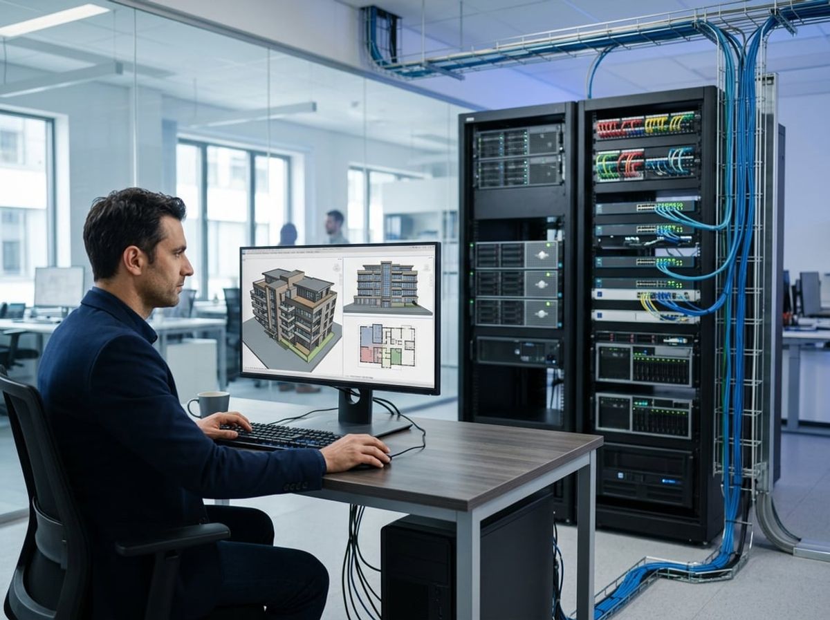 Workstation connected to organized server racks supporting central model synchronization for a project team