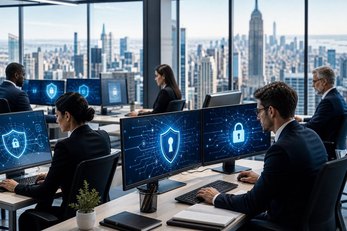 Office workers monitoring computer screens with digital security graphics and a New York City skyline visible through windows.