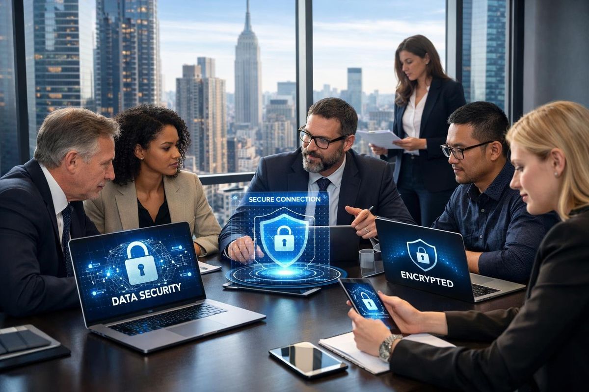 A group of lawyers and IT professionals working together in a modern office with laptops and digital security graphics, with New York City visible through large windows.