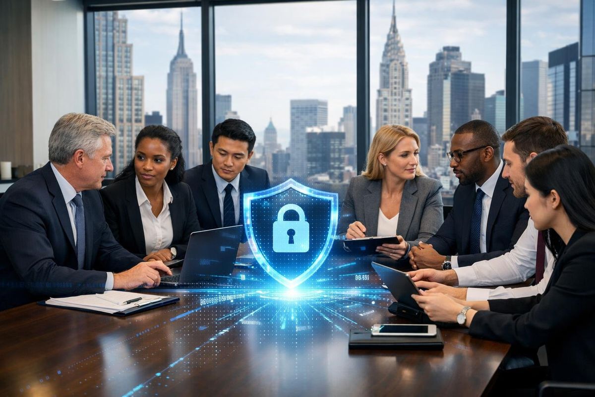 Legal professionals collaborating around a conference table in a law firm office with a city skyline visible through large windows.