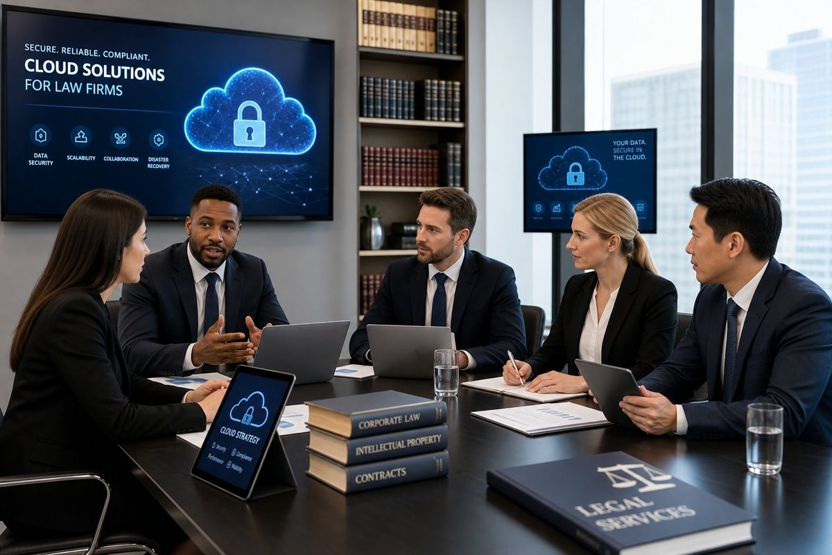 A group of business professionals in a modern office collaborating around a table with laptops and screens showing cloud computing graphics.