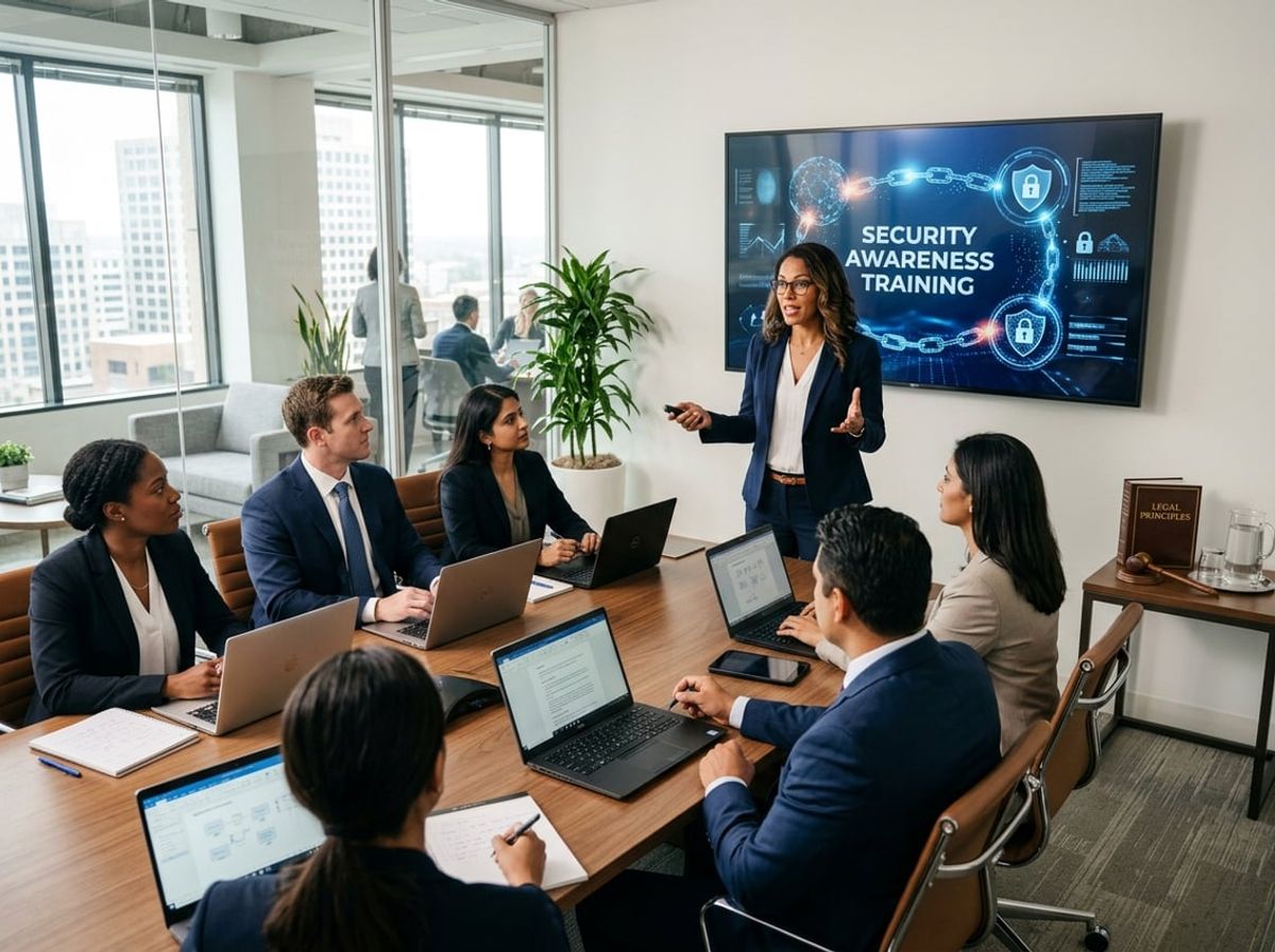 Law firm staff gathered around a table discussing frequently asked training questions