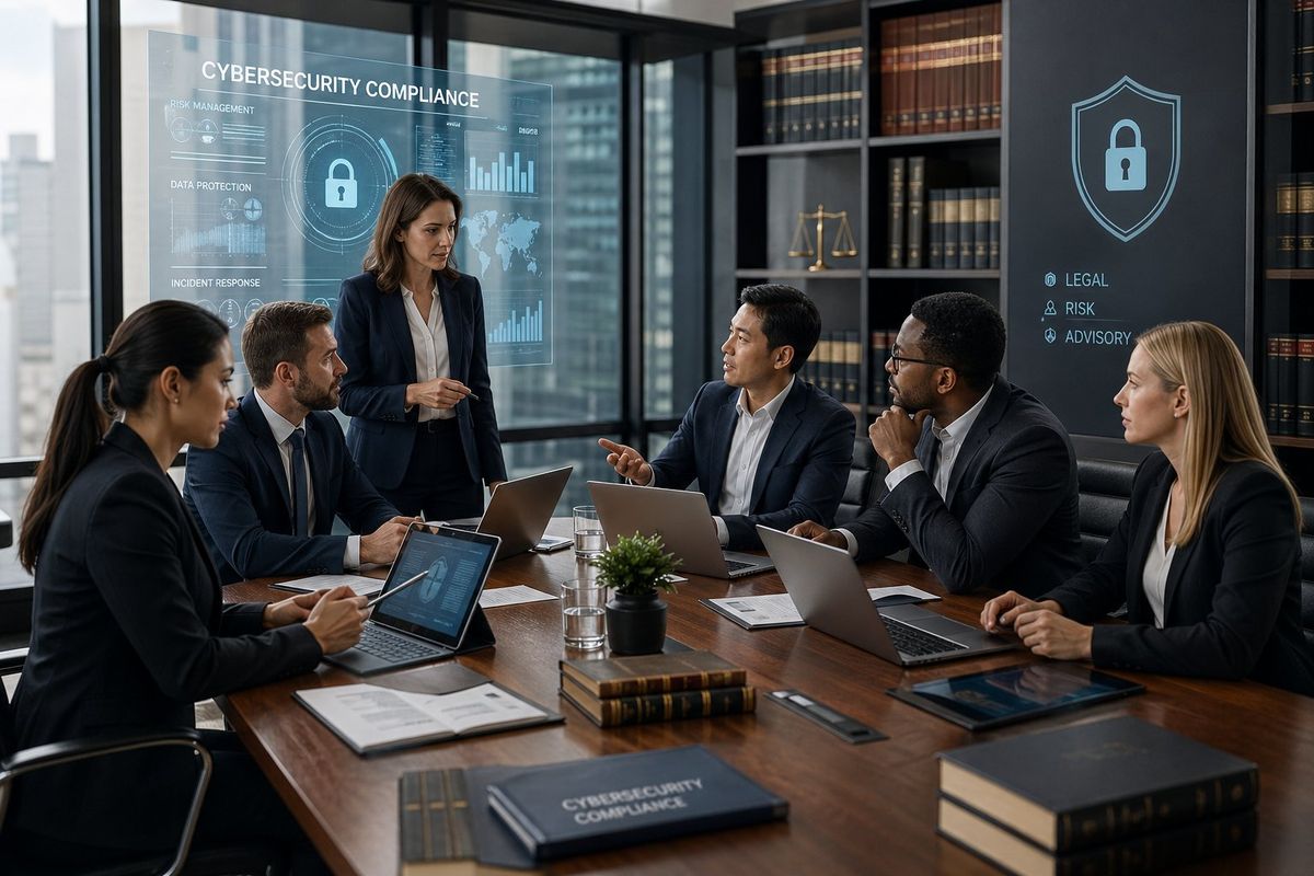 A group of lawyers and IT professionals working together around a conference table with laptops and digital screens in a law office.