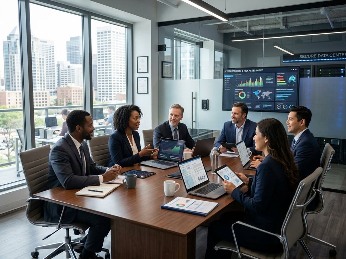 Law firm employees reviewing premium reduction strategies on tablets in a bright office