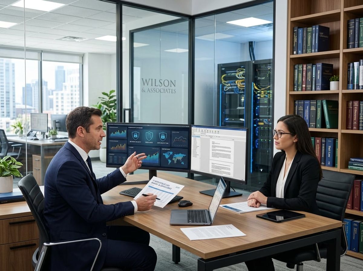 Two professionals discussing technology in a modern law firm office with computers and legal books in the background.