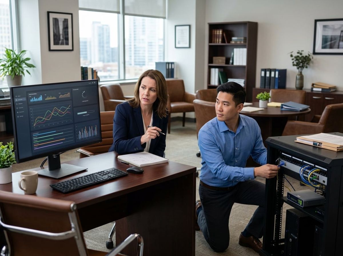 IT consultant and law office manager reviewing server diagnostics on a laptop together