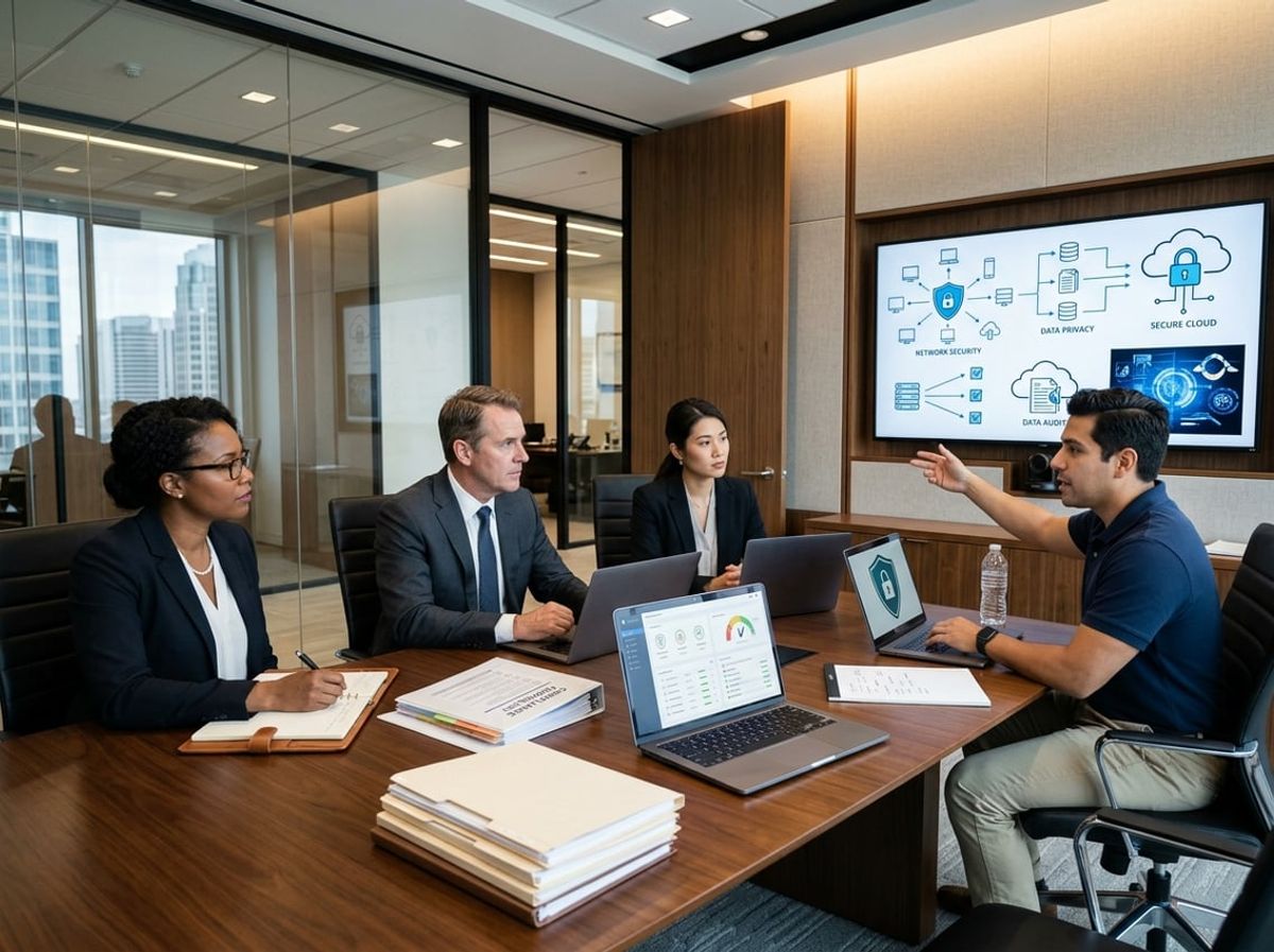Conference room meeting where a consultant outlines compliance risks to law firm staff