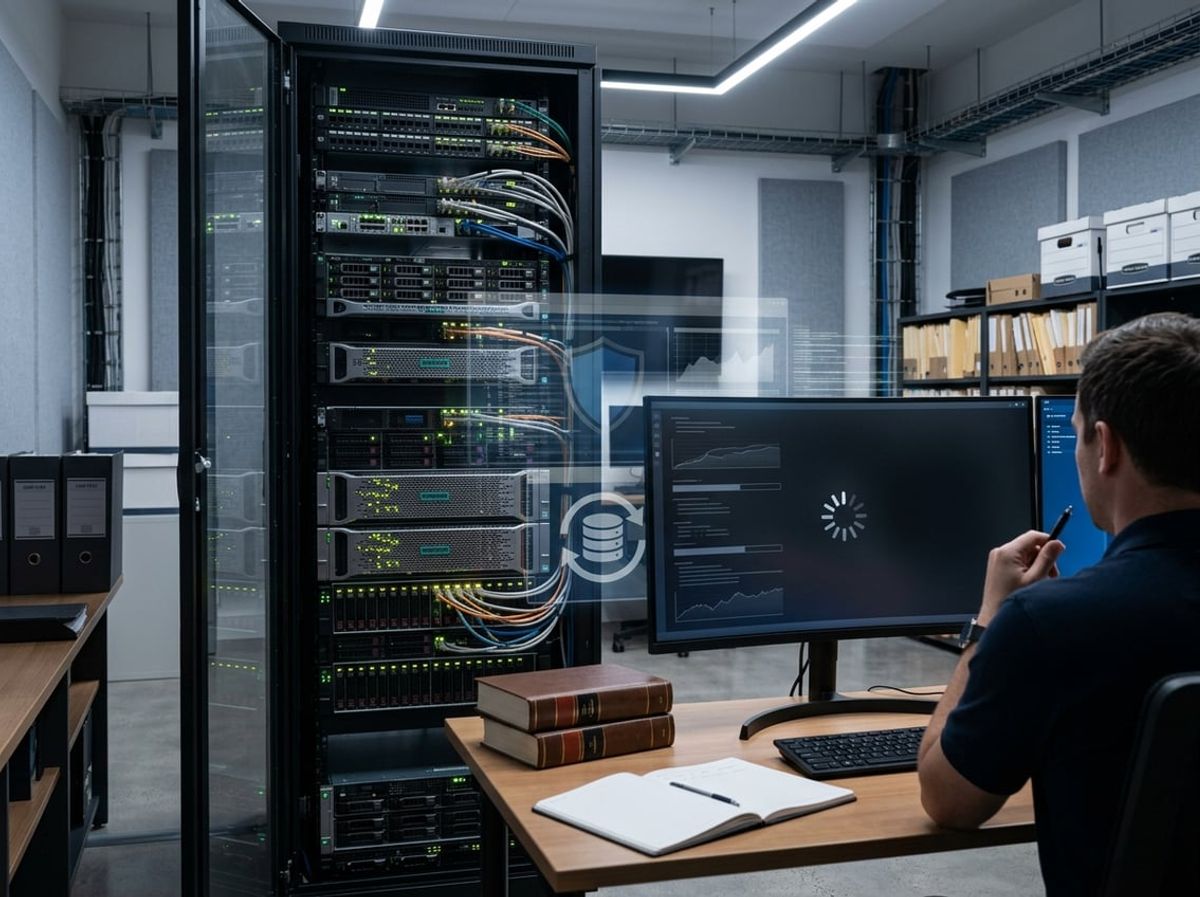 Antivirus and backup icons overlapping on a law office server screen during a scan