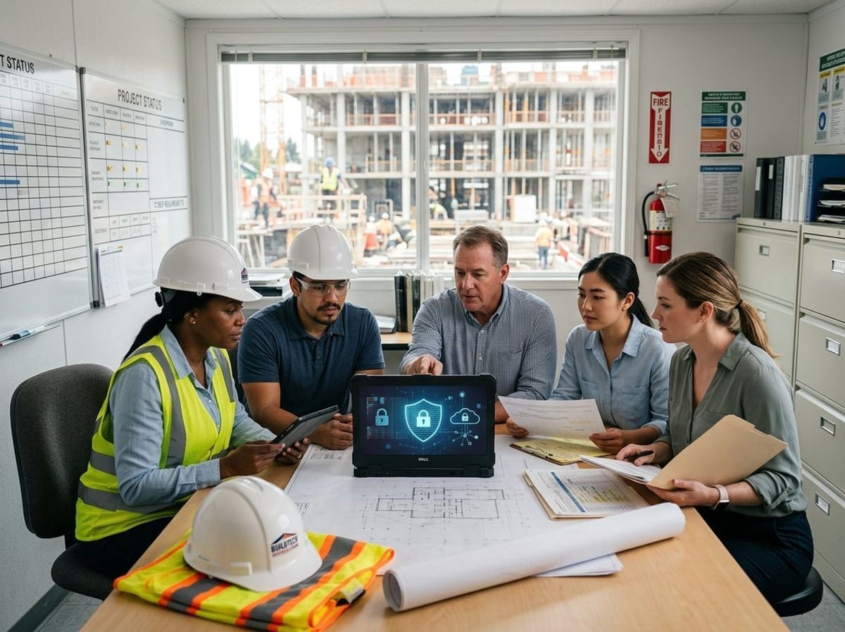 Team members discuss contract terms and data protection near a laptop in a design office