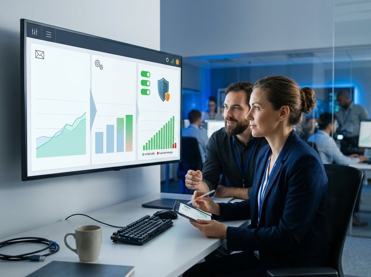 Two colleagues discussing an email authentication dashboard before moving to enforcement