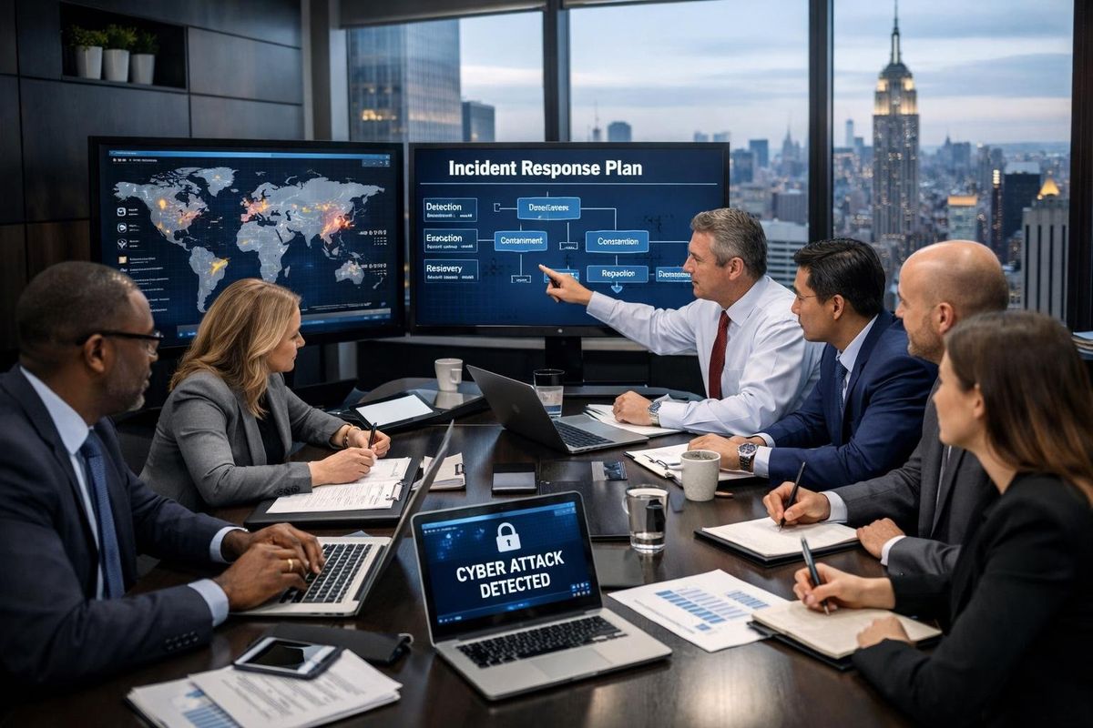A team of professionals in an office reviewing cybersecurity data and incident response plans with laptops and monitors, with a city skyline visible through the windows.