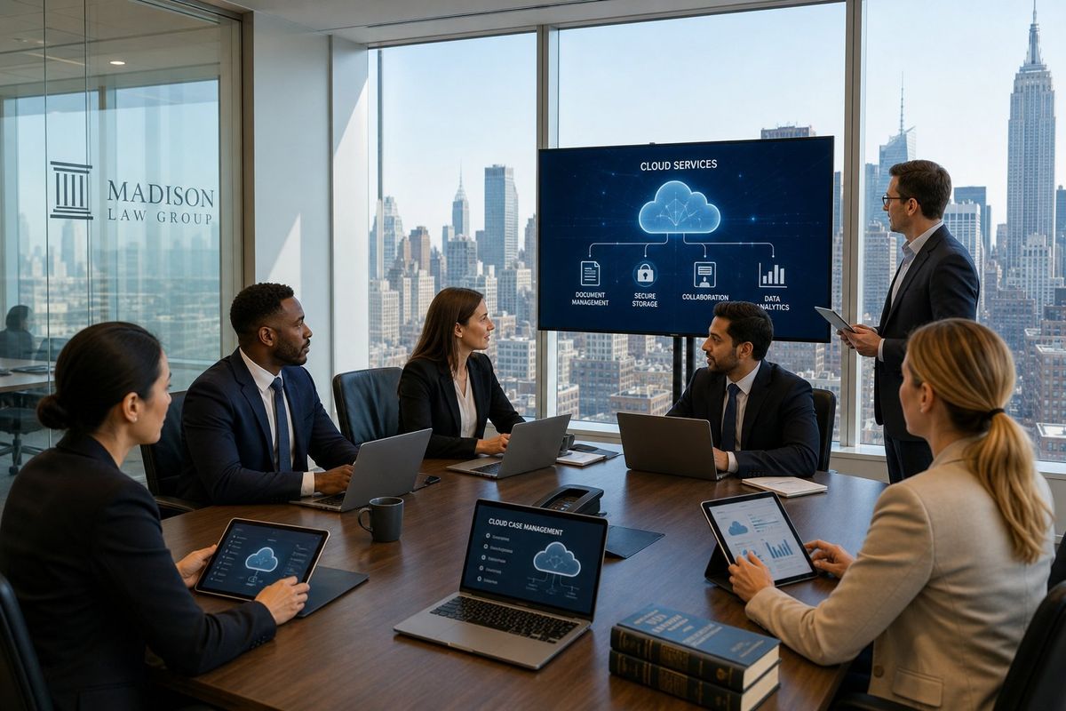 A group of professionals working together in a modern office with a view of the New York City skyline, using laptops and digital devices.