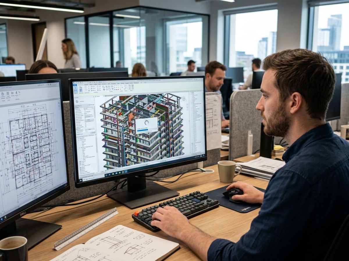 Designer reviews a bloated Revit file cluttered with warnings on an office computer screen