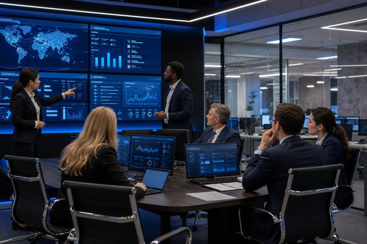 Legal professionals working together in a modern office, monitoring cybersecurity data on multiple computer screens.