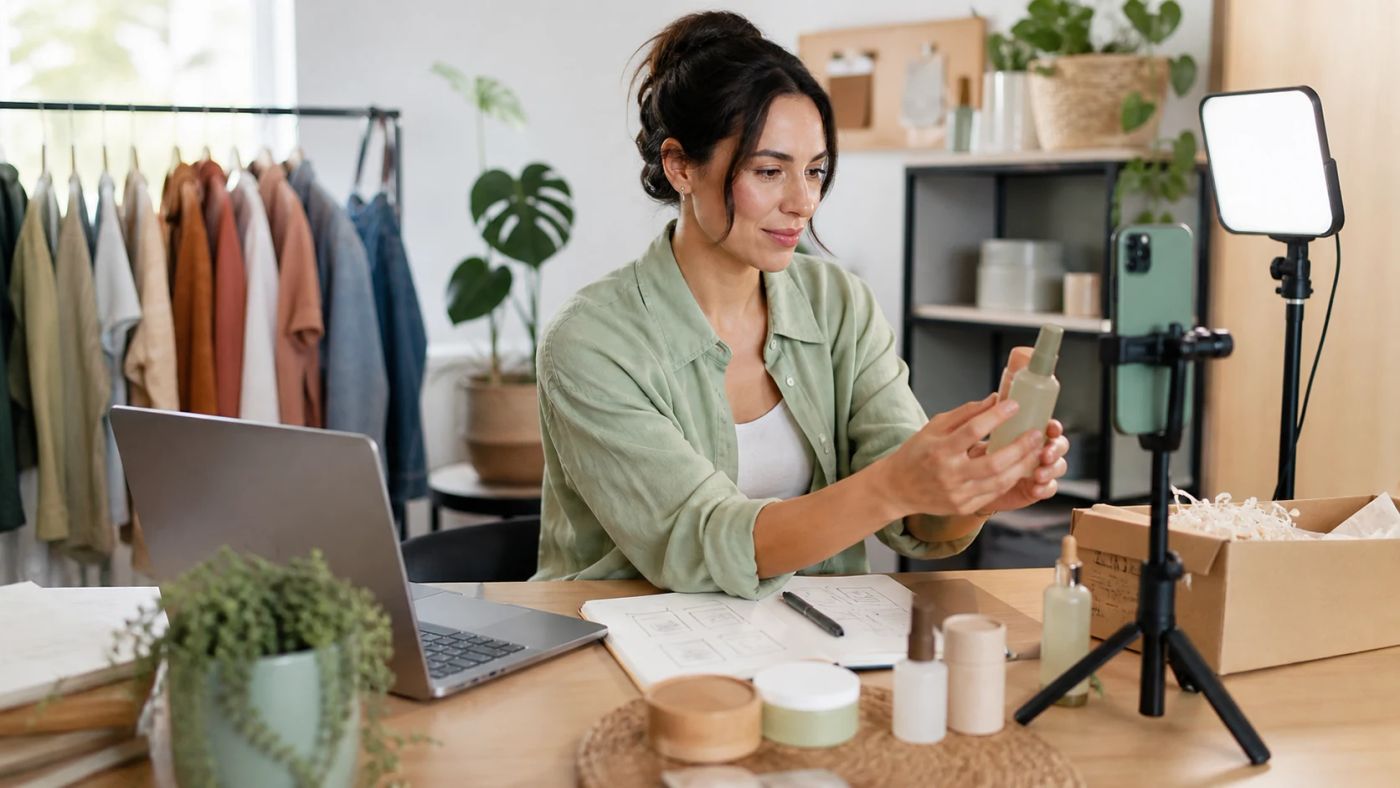 UGC Creator produziert Content on demand fuer eine Marke im Home Studio