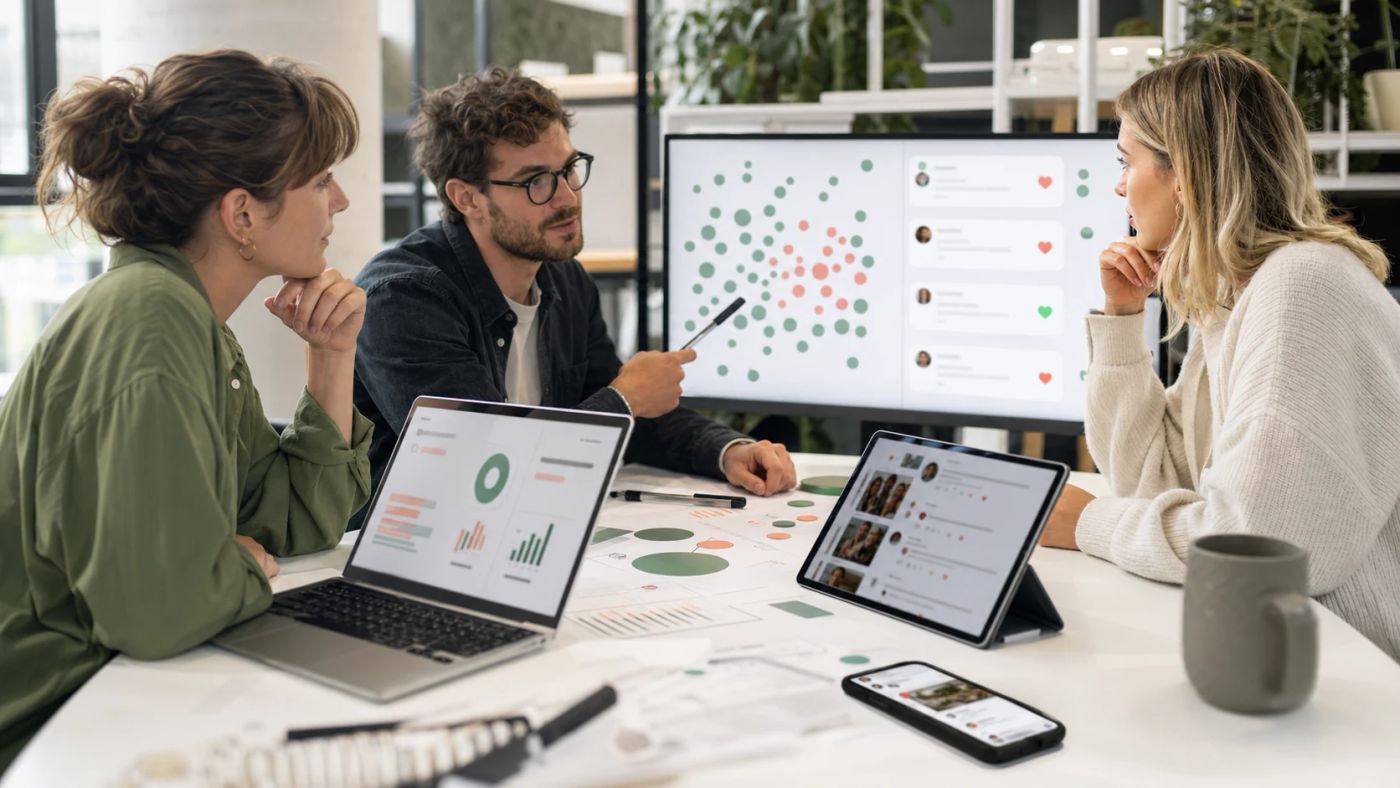 Marketingteam vergleicht Vertrauen und Reichweite im Influencer Marketing anhand von Kampagnendaten