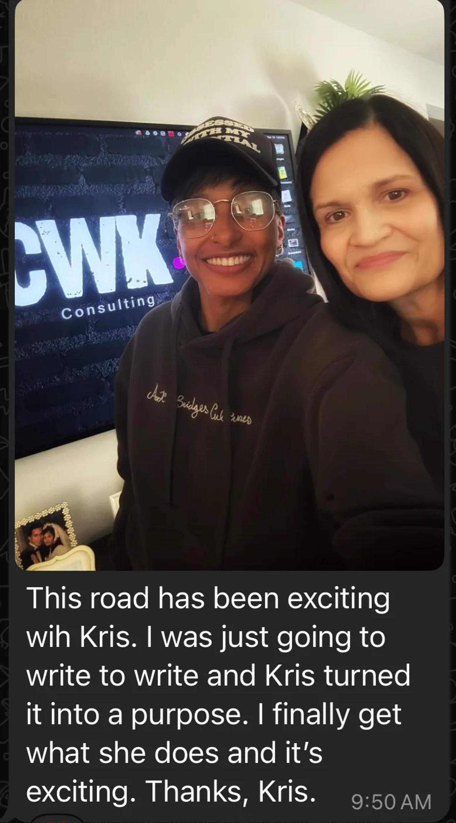 Titi Lee with Kris in front of CWK Consulting screen, sharing thanks for Life's Tapestry